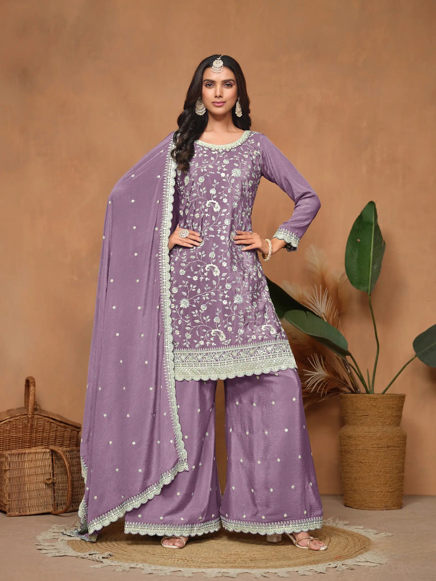 Lavender Chinon Thread & Sequins Embroidery Palazzo Suit