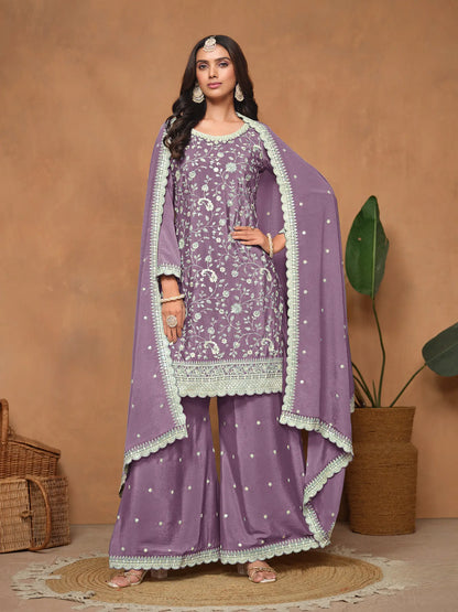 Lavender Chinon Thread & Sequins Embroidery Palazzo Suit