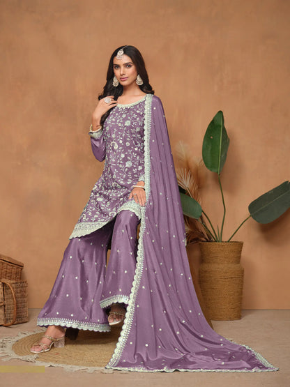 Lavender Chinon Thread & Sequins Embroidery Palazzo Suit