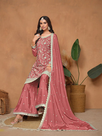 Dusty Pink Chinon Thread & Sequins Embroidery Palazzo Suit