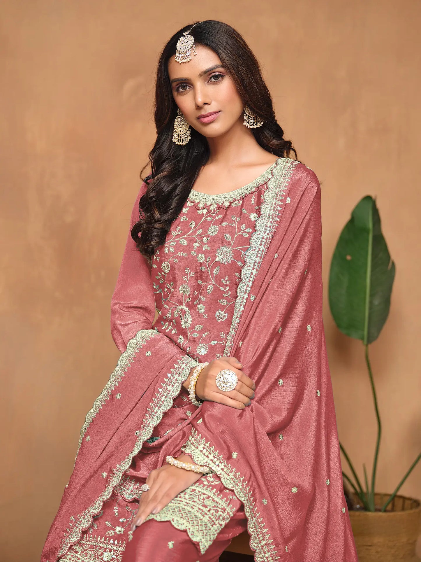 Dusty Pink Chinon Thread & Sequins Embroidery Palazzo Suit