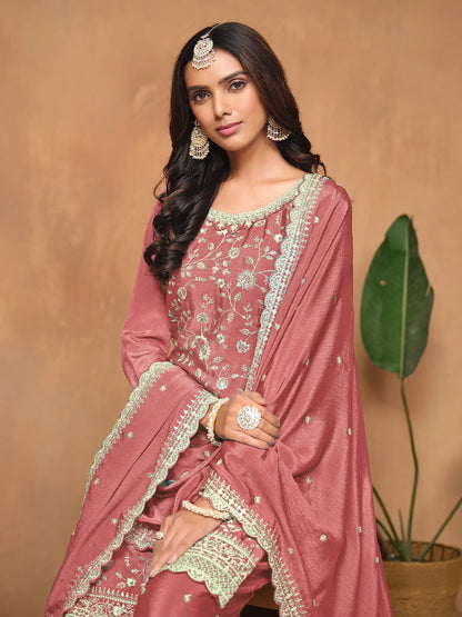 Dusty Pink Chinon Thread & Sequins Embroidery Palazzo Suit