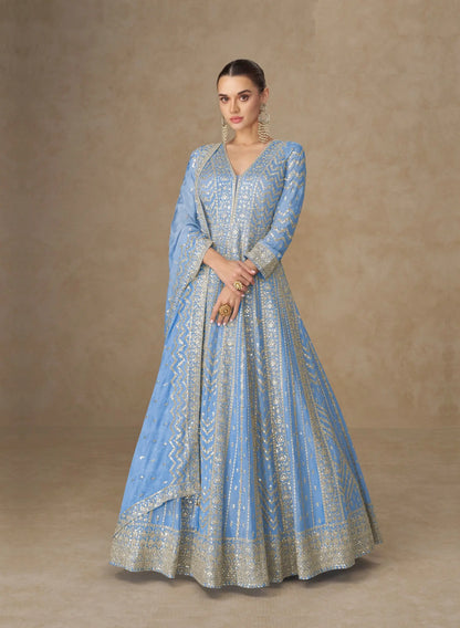 Pastel Blue Chinon Silk Embroidery Gown
