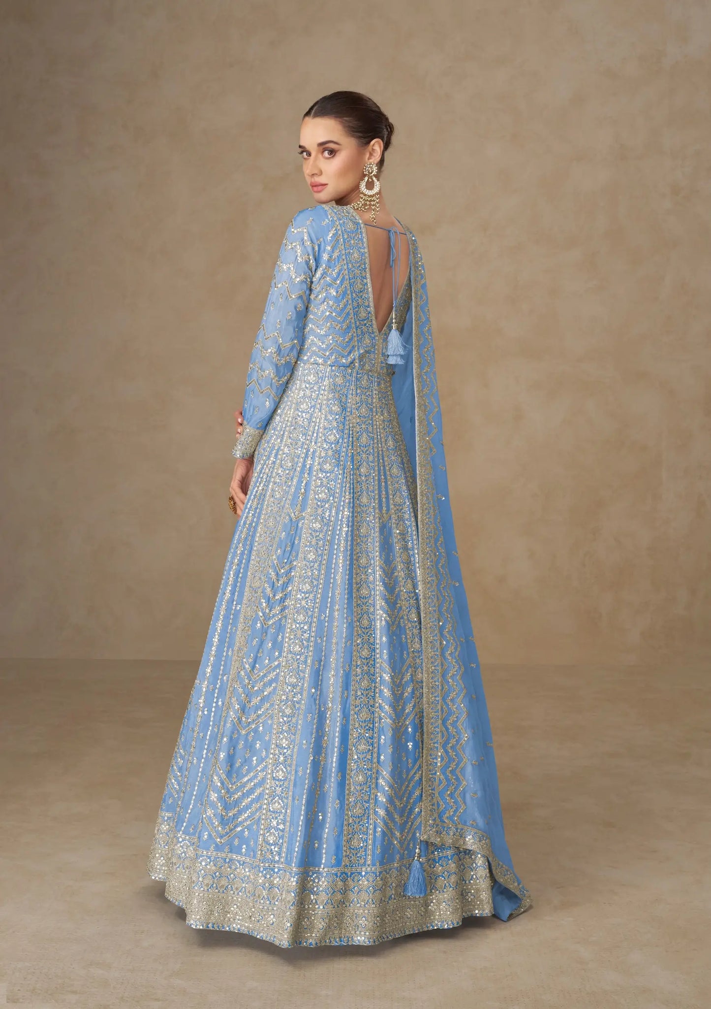 Pastel Blue Chinon Silk Embroidery Gown