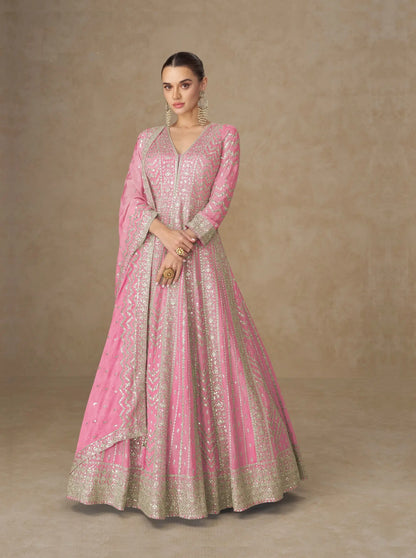 Daisy Pink Chinon Silk Embroidery Gown