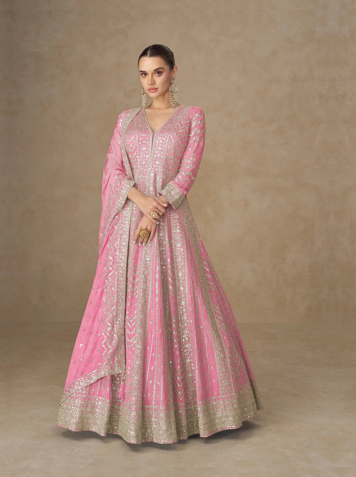 Daisy Pink Chinon Silk Embroidery Gown