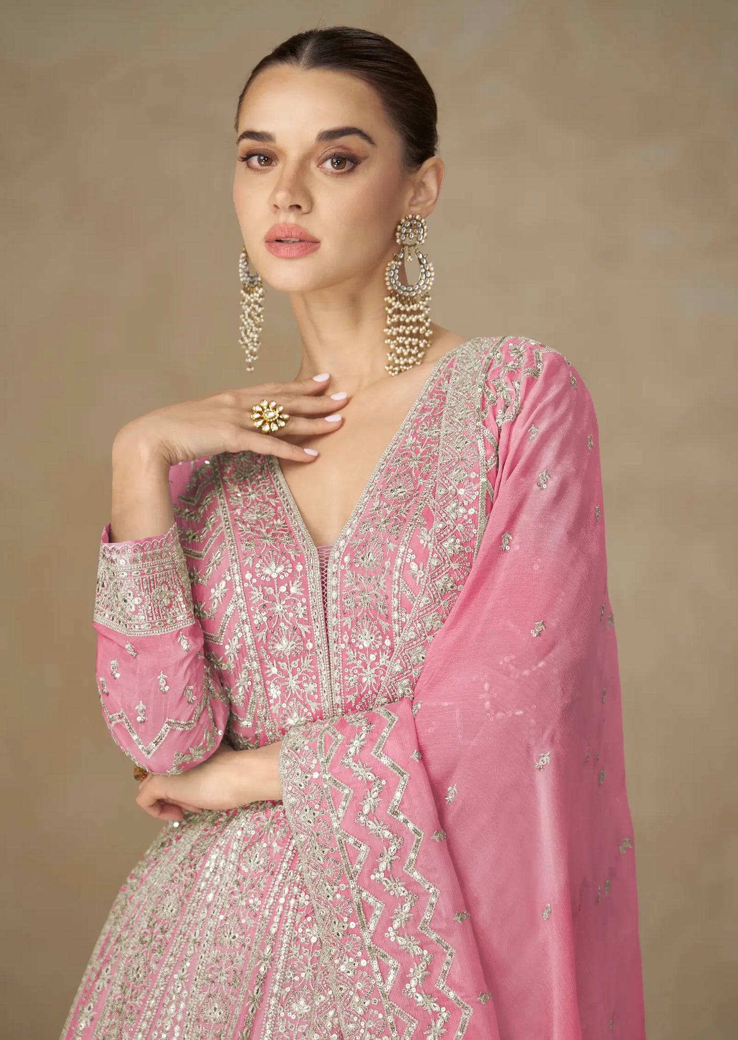 Daisy Pink Chinon Silk Embroidery Gown