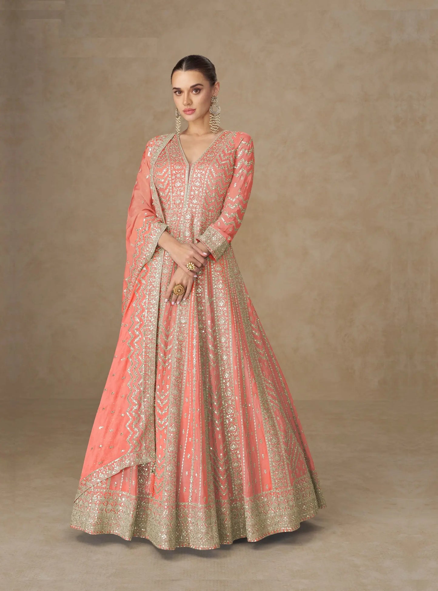 Dark Peach Chinon Silk Embroidery Gown