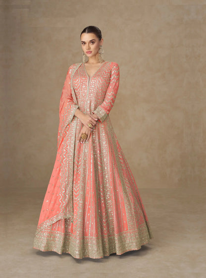 Dark Peach Chinon Silk Embroidery Gown