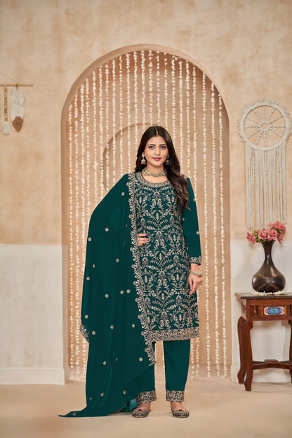 Dark Green Georgette Thread & Sequence Embroidery Work Palazzo Suit