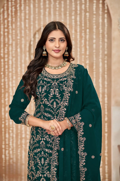 Dark Green Georgette Thread & Sequence Embroidery Work Palazzo Suit