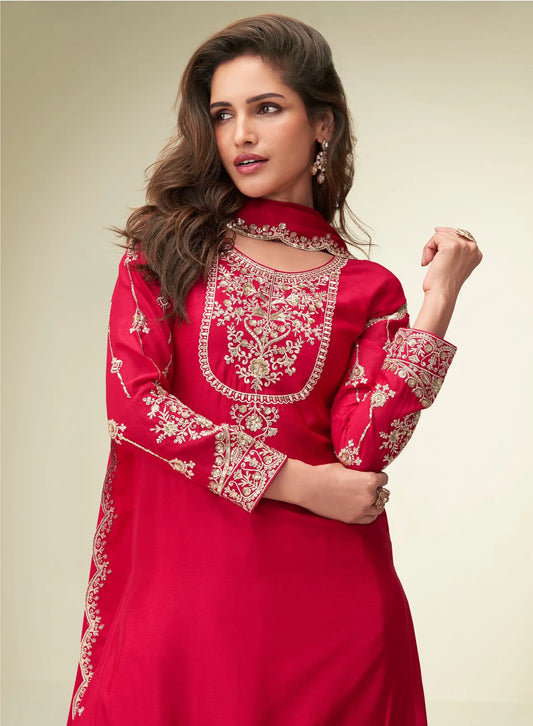 Red Chinon Silk Palazzo Suit With Embroidery Work