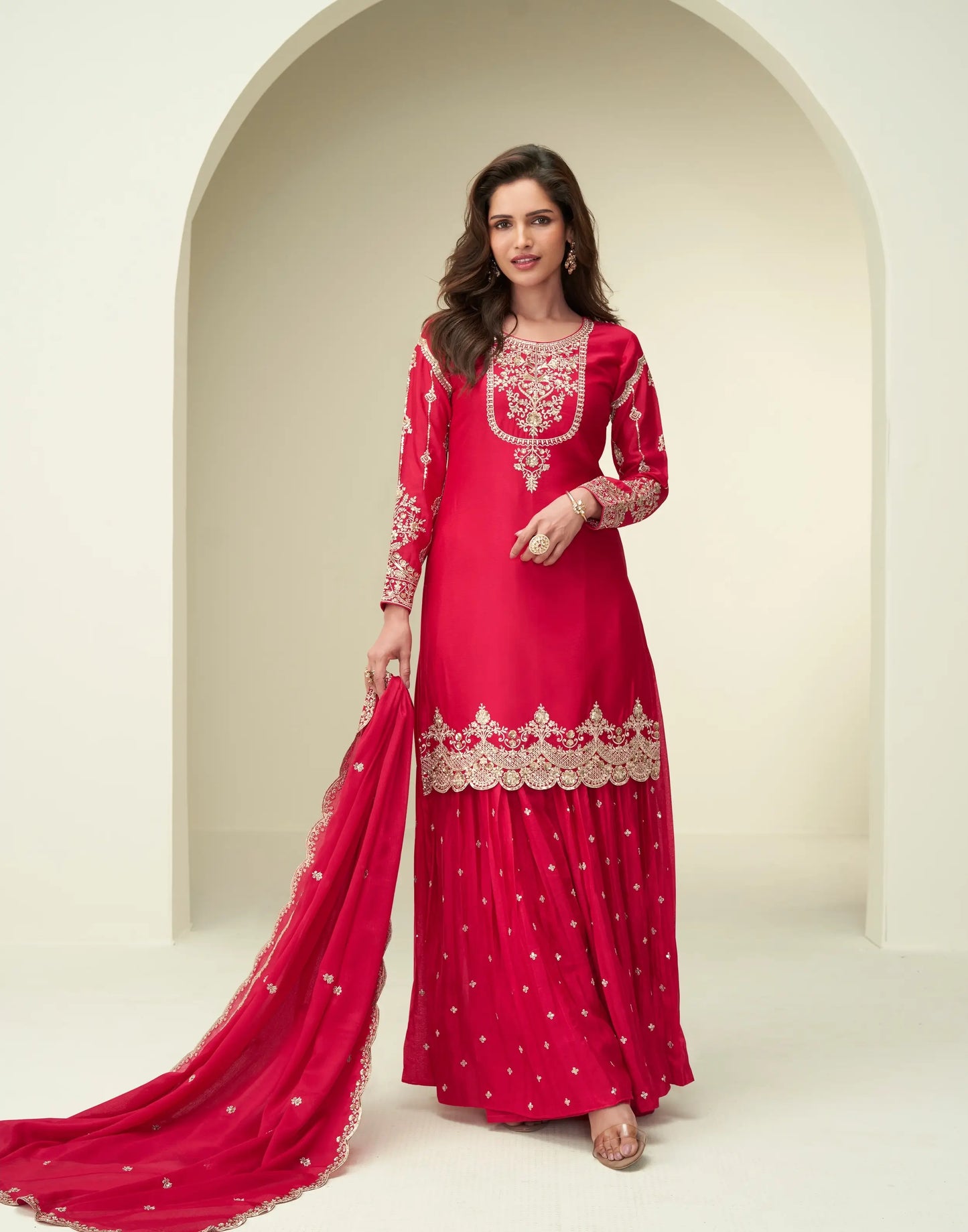 Red Chinon Silk Palazzo Suit With Embroidery Work