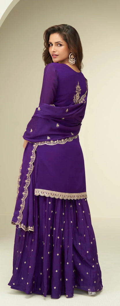 Purple Chinon Silk Palazzo Suit With Embroidery Work
