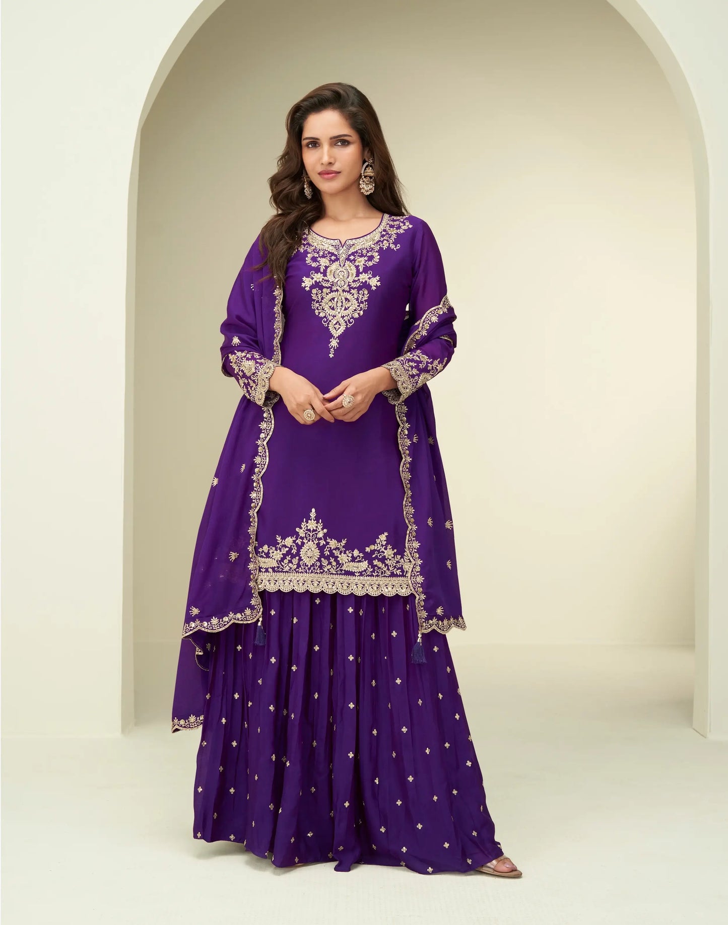 Purple Chinon Silk Palazzo Suit With Embroidery Work