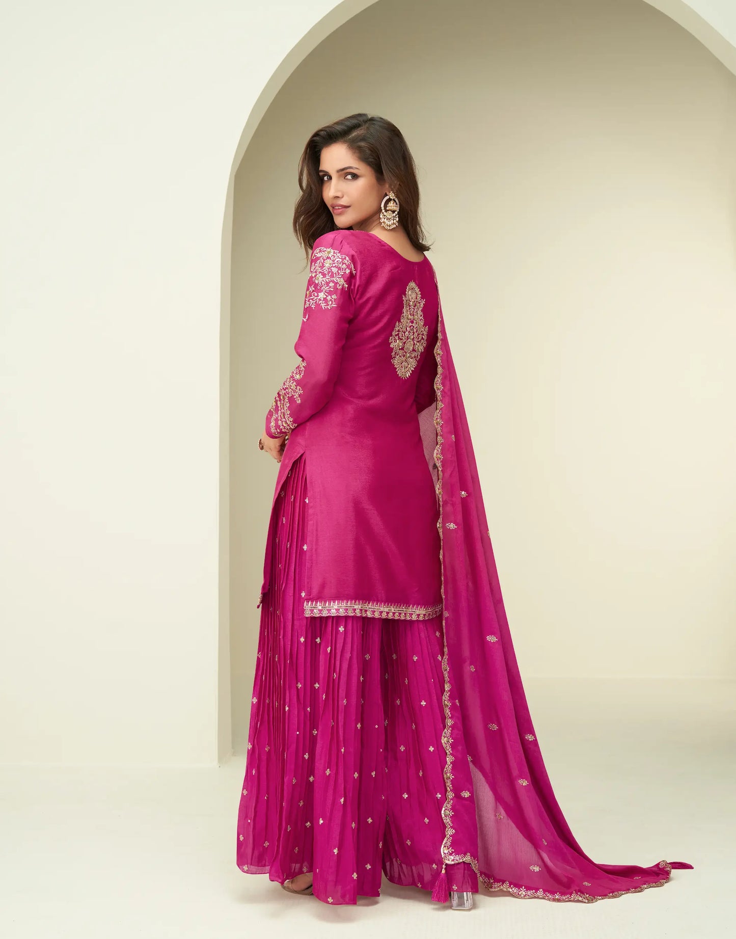 Dark Pink Chinon Silk Palazzo Suit With Embroidery Work