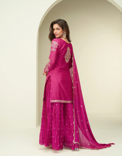 Dark Pink Chinon Silk Palazzo Suit With Embroidery Work