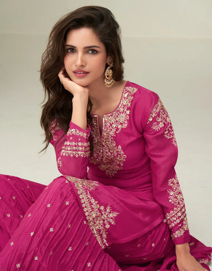 Dark Pink Chinon Silk Palazzo Suit With Embroidery Work