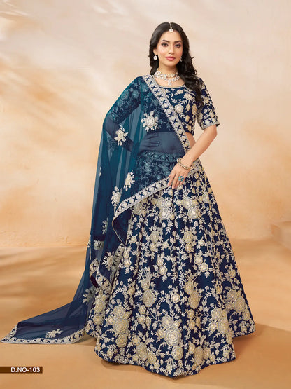 Navy Blue Art Silk Lehenga Choli With Thread & Sequence Embroidery Work