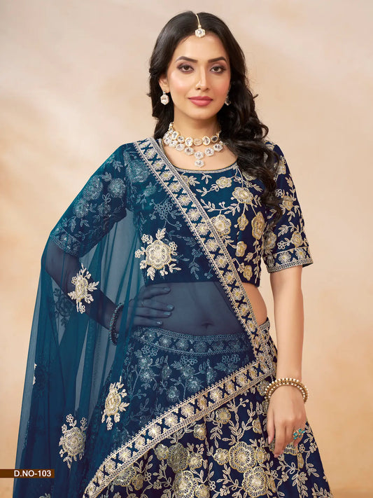 Navy Blue Art Silk Lehenga Choli With Thread & Sequence Embroidery Work