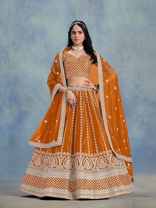 Orange Art Silk Thread & Sequence Embroidery Work Lehenga Choli