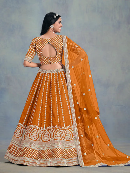 Orange Art Silk Thread & Sequence Embroidery Work Lehenga Choli
