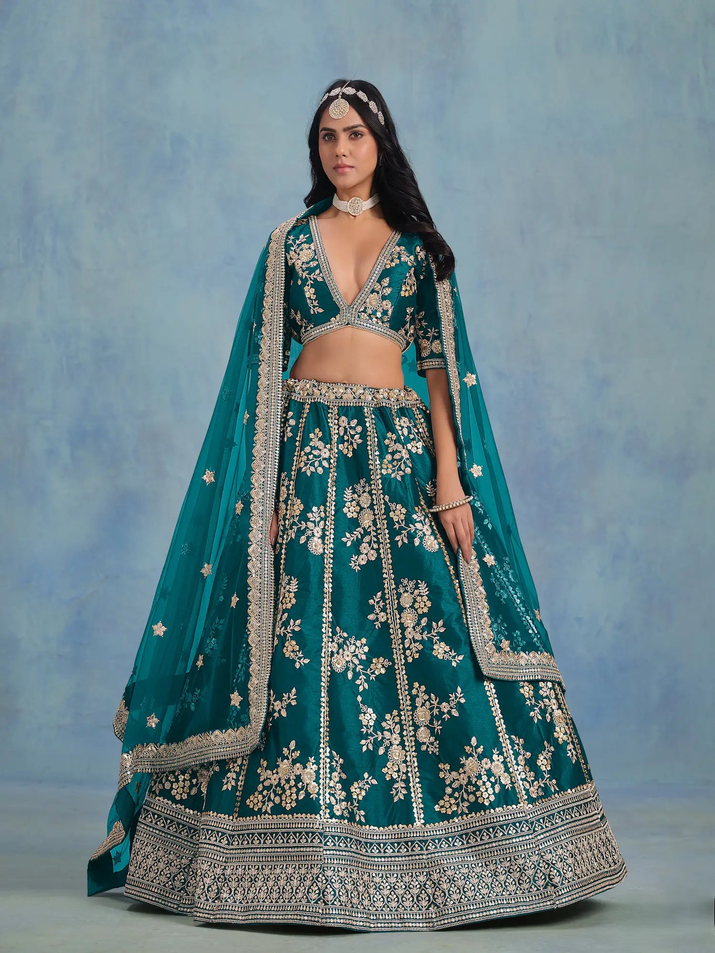 Teal Green Art Silk Thread & Sequence Embroidery Work Lehenga Choli