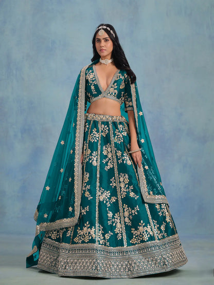 Teal Green Art Silk Thread & Sequence Embroidery Work Lehenga Choli