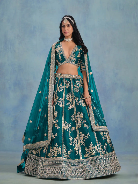 Teal Green Art Silk Thread & Sequence Embroidery Work Lehenga Choli