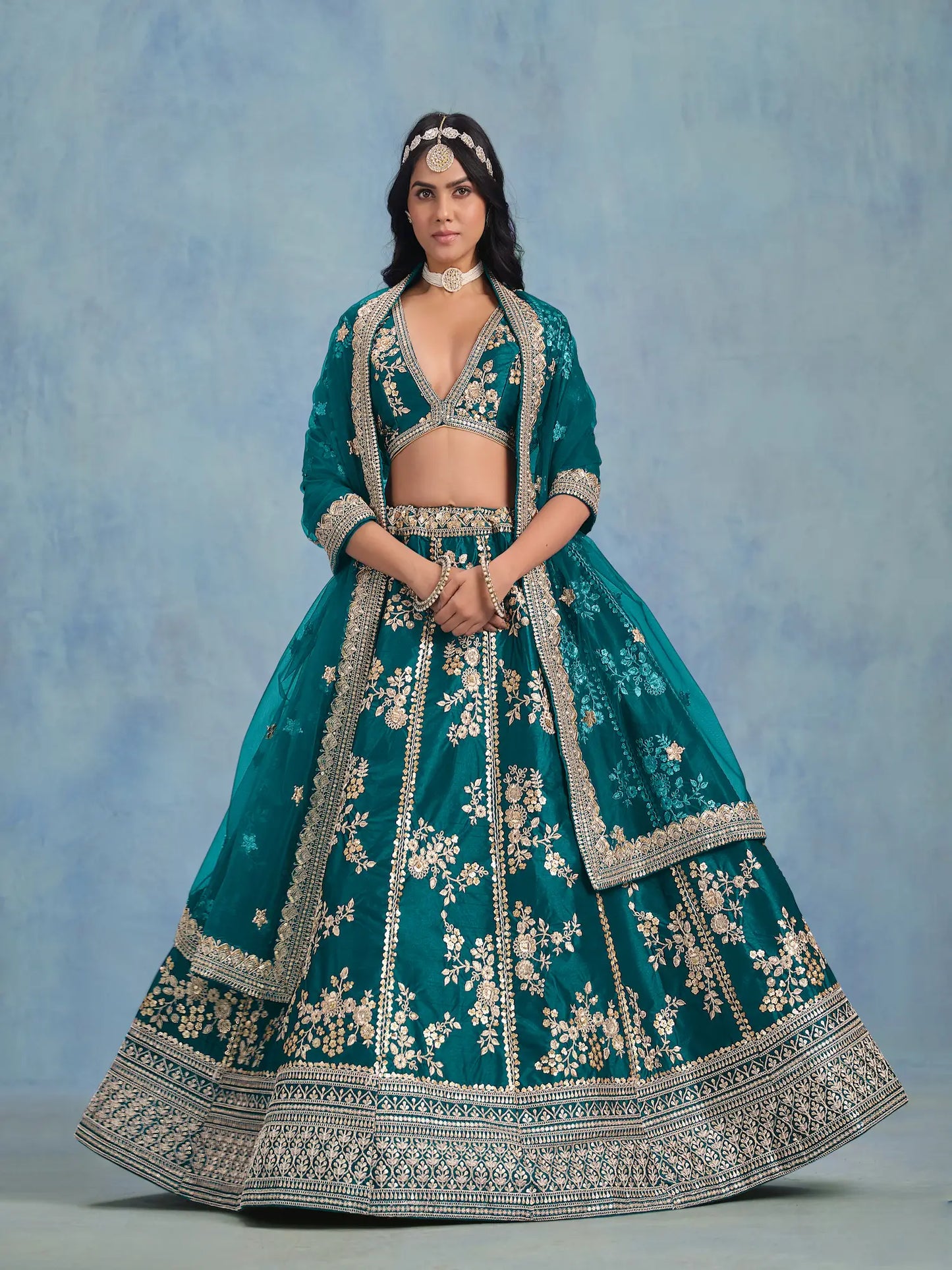Teal Green Art Silk Thread & Sequence Embroidery Work Lehenga Choli