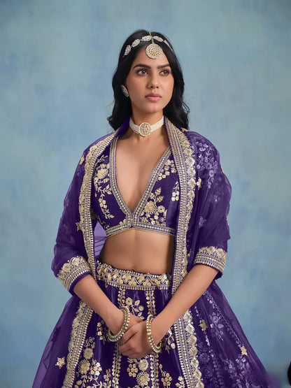 Purple Art Silk Thread & Sequence Embroidery Work Lehenga Choli