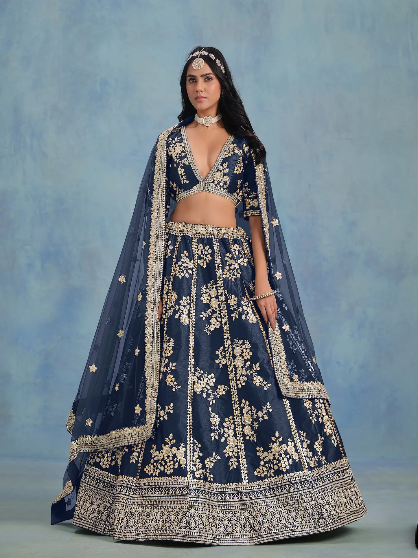 Navy Blue Art Silk Thread & Sequence Embroidery Work Lehenga Choli