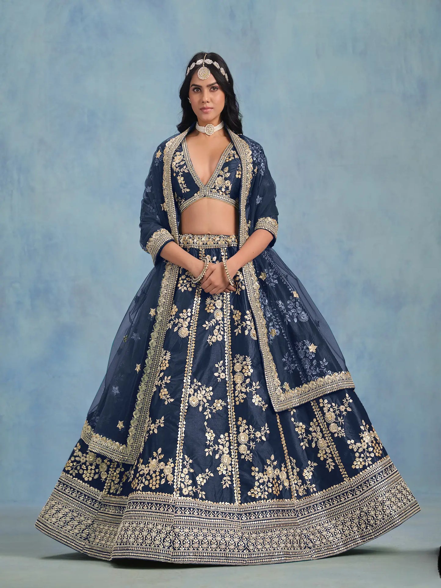 Navy Blue Art Silk Thread & Sequence Embroidery Work Lehenga Choli