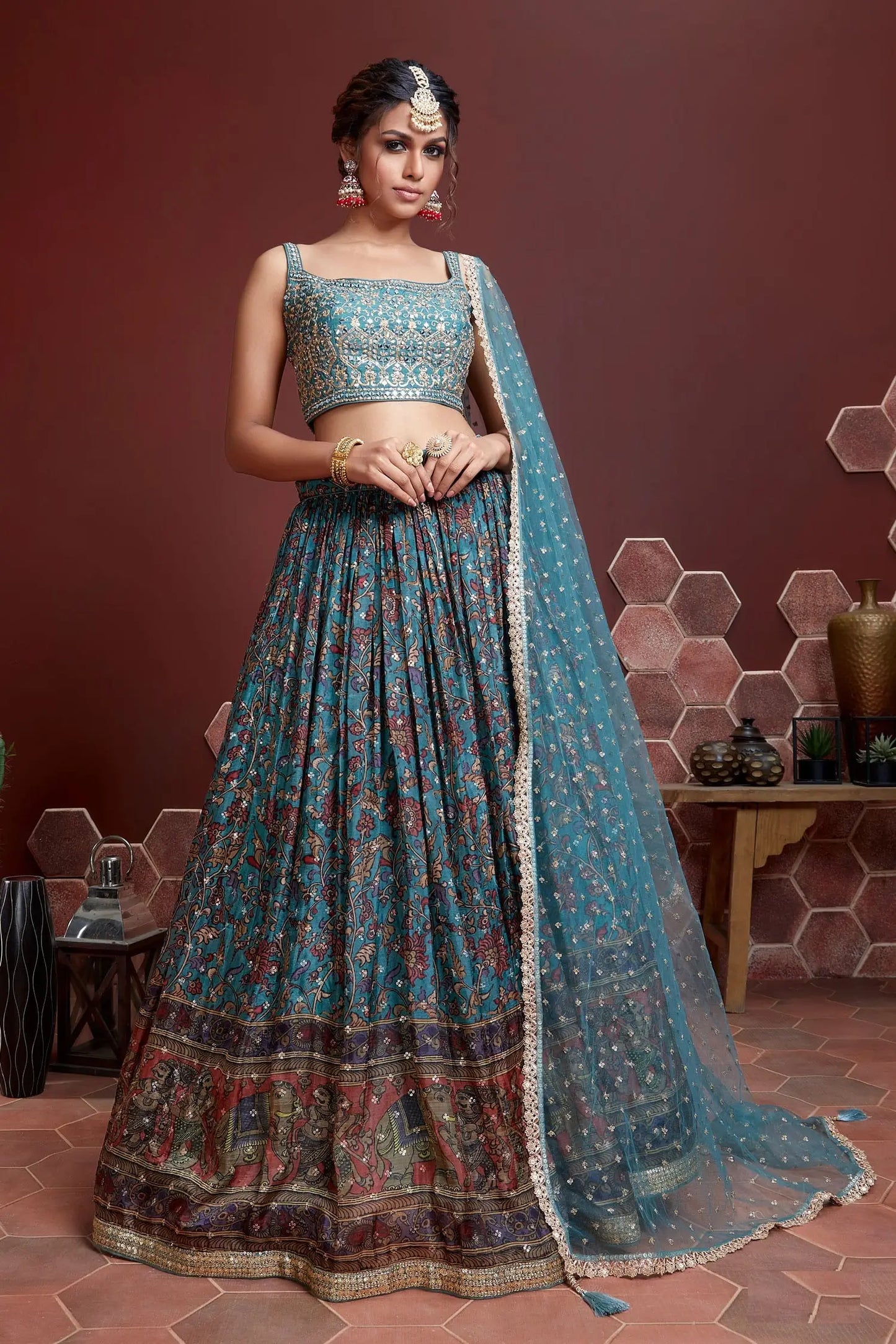 Sky Blue Silk Lehenga With Digital Print And Heavy Embroidery Work With Real Mirror Work