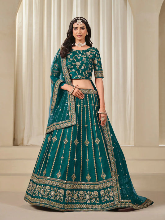 Teal Green Art Silk Thread & Sequins Embroidery Lehenga Choli