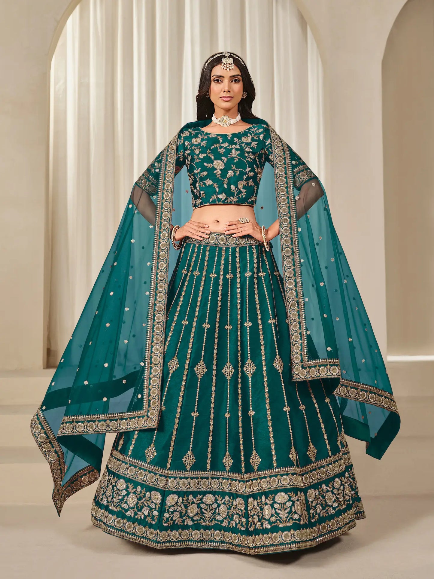 Teal Green Art Silk Thread & Sequins Embroidery Lehenga Choli