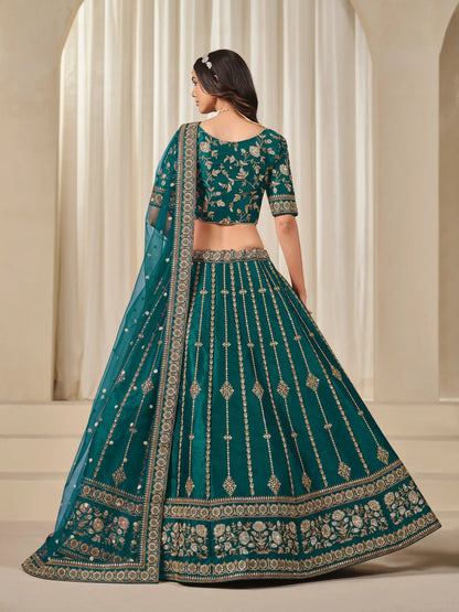 Teal Green Art Silk Thread & Sequins Embroidery Lehenga Choli