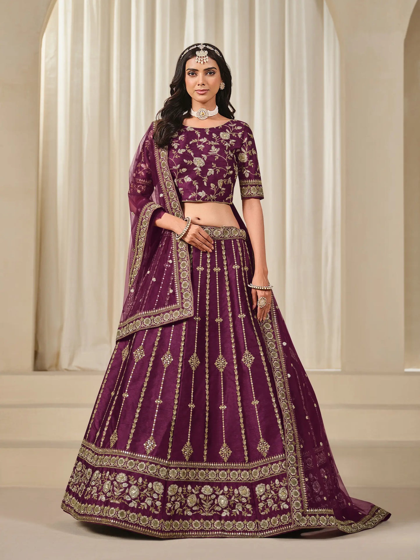 Dusty Wine Art Silk Thread & Sequins Embroidery Lehenga Choli