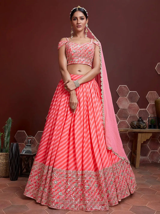 Peach Organza Lehenga With Heavy Embroidery Zari And Sequins Work