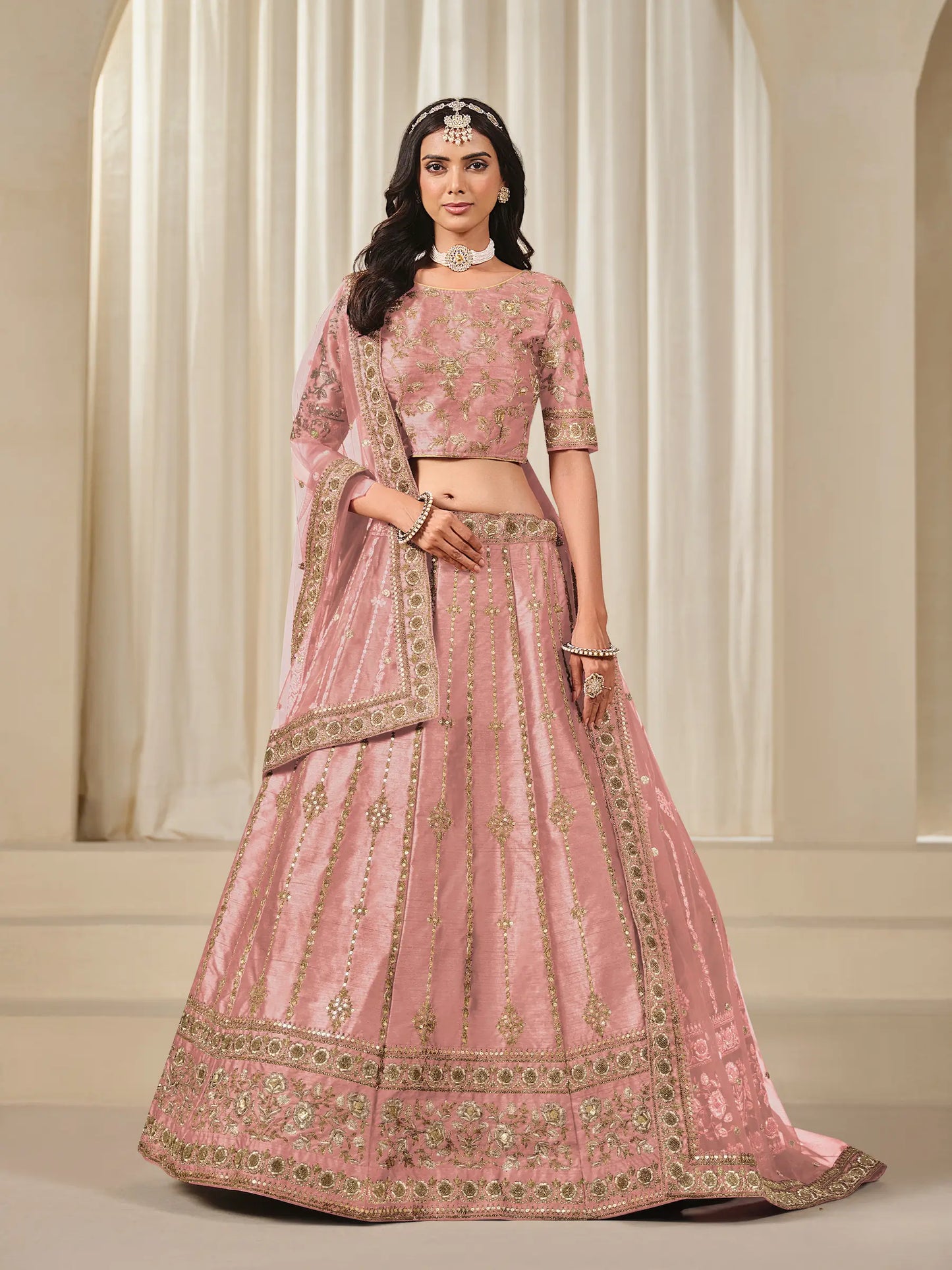 Dusty Pink Art Silk Thread & Sequins Embroidery Lehenga Choli
