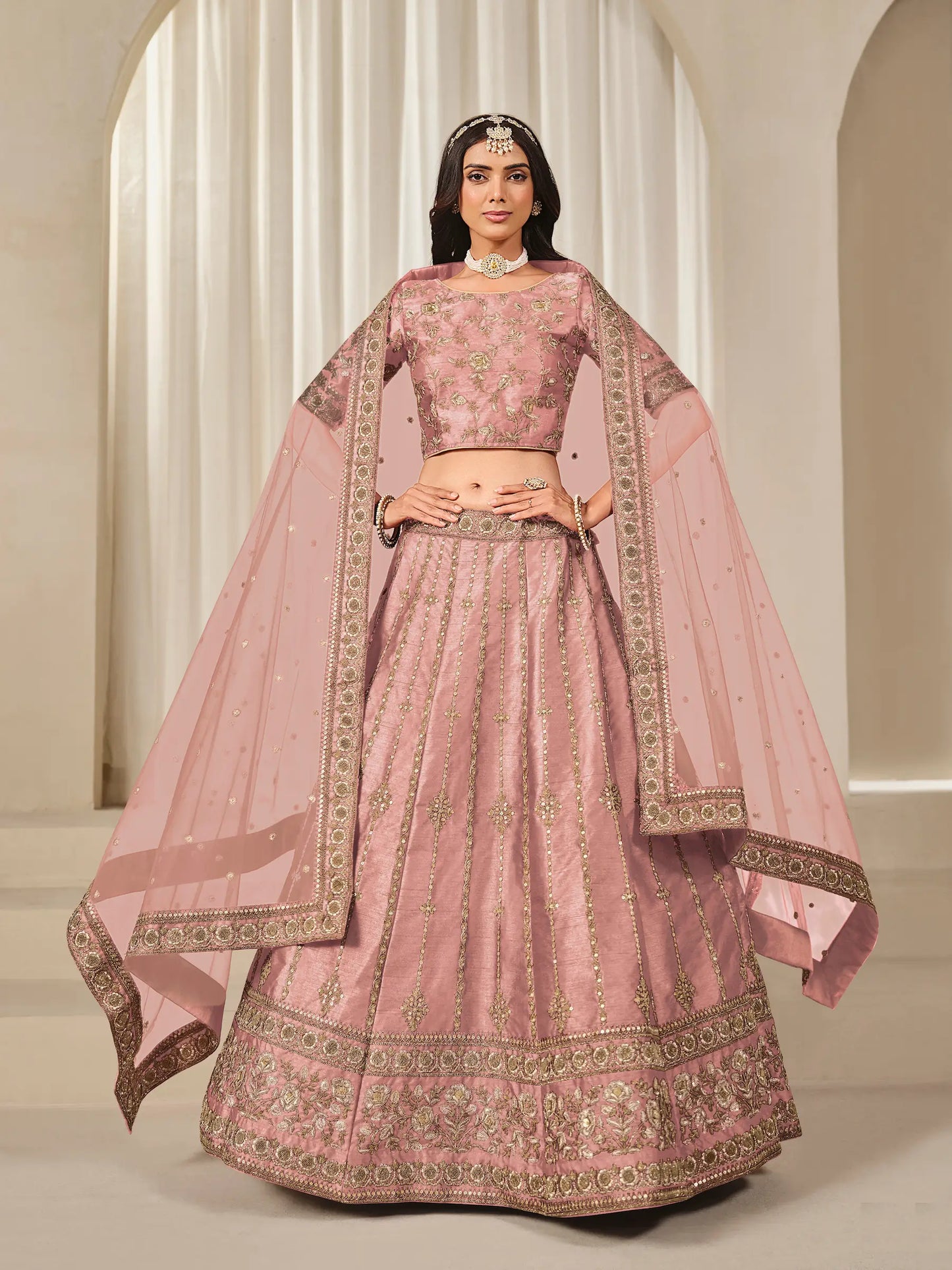 Dusty Pink Art Silk Thread & Sequins Embroidery Lehenga Choli