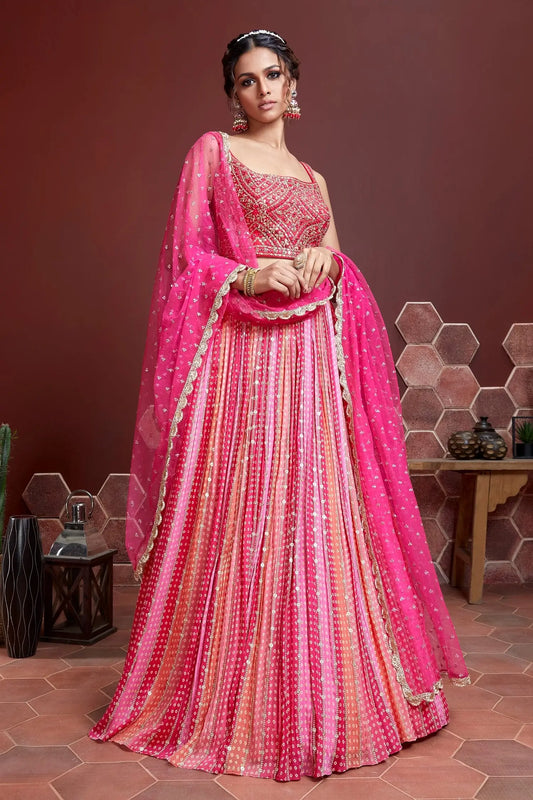 Dirty Pink Lehenga With Digital Position Print And Heavy Embroidery With Real Mirror Work