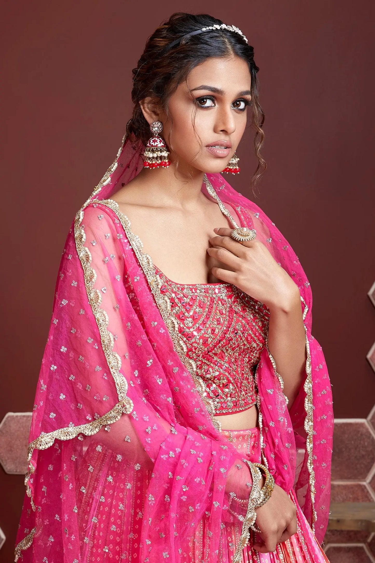 Dirty Pink Lehenga With Digital Position Print And Heavy Embroidery With Real Mirror Work