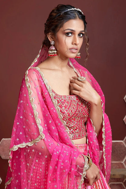 Dirty Pink Lehenga With Digital Position Print And Heavy Embroidery With Real Mirror Work