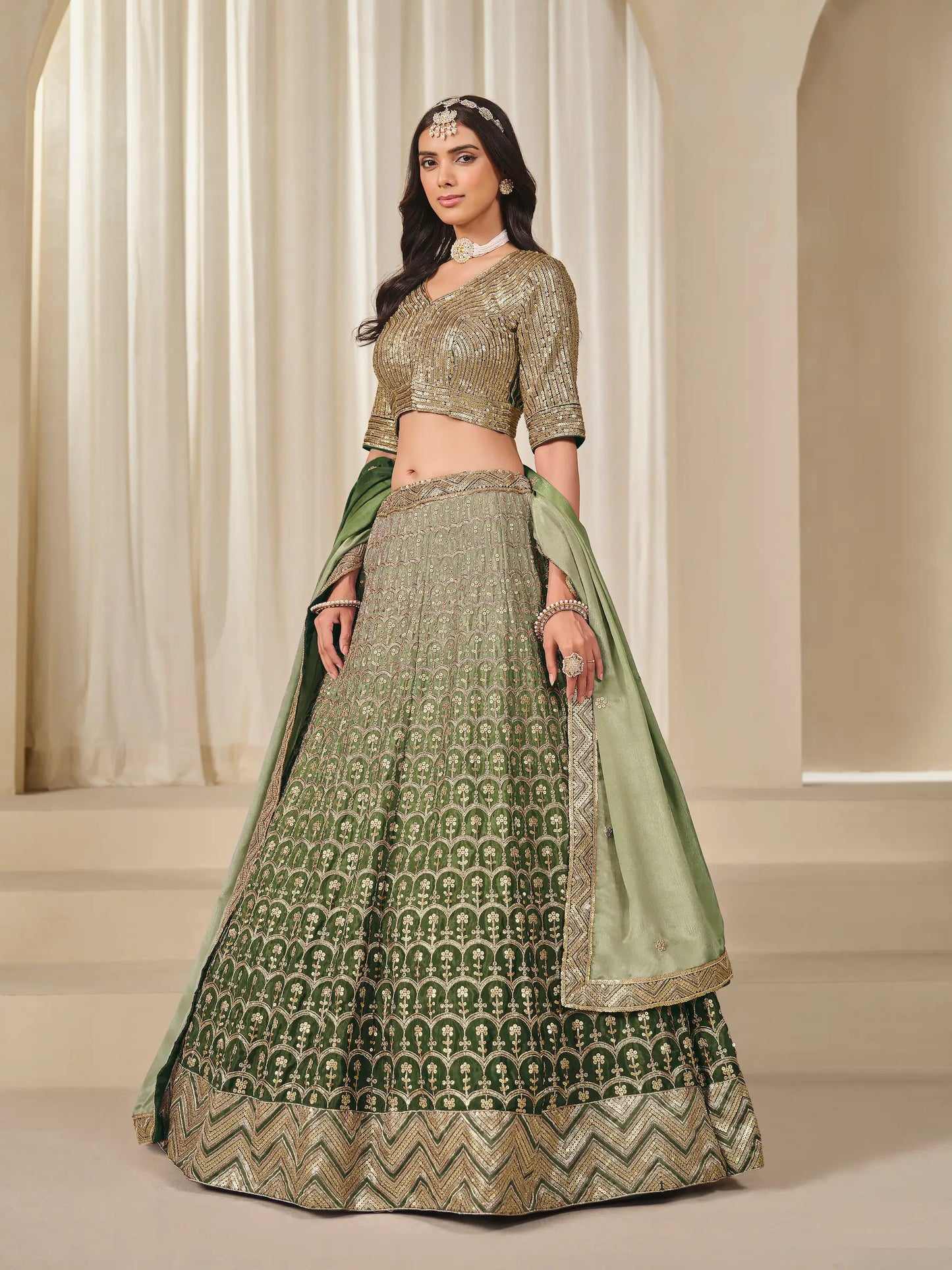 Shaded Green Chinon Silk Embroidery Work Lehenga Choli