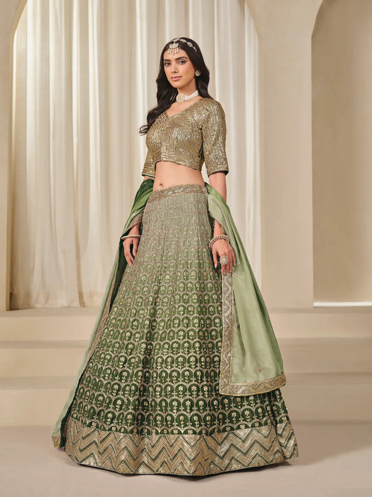 Shaded Green Chinon Silk Embroidery Work Lehenga Choli