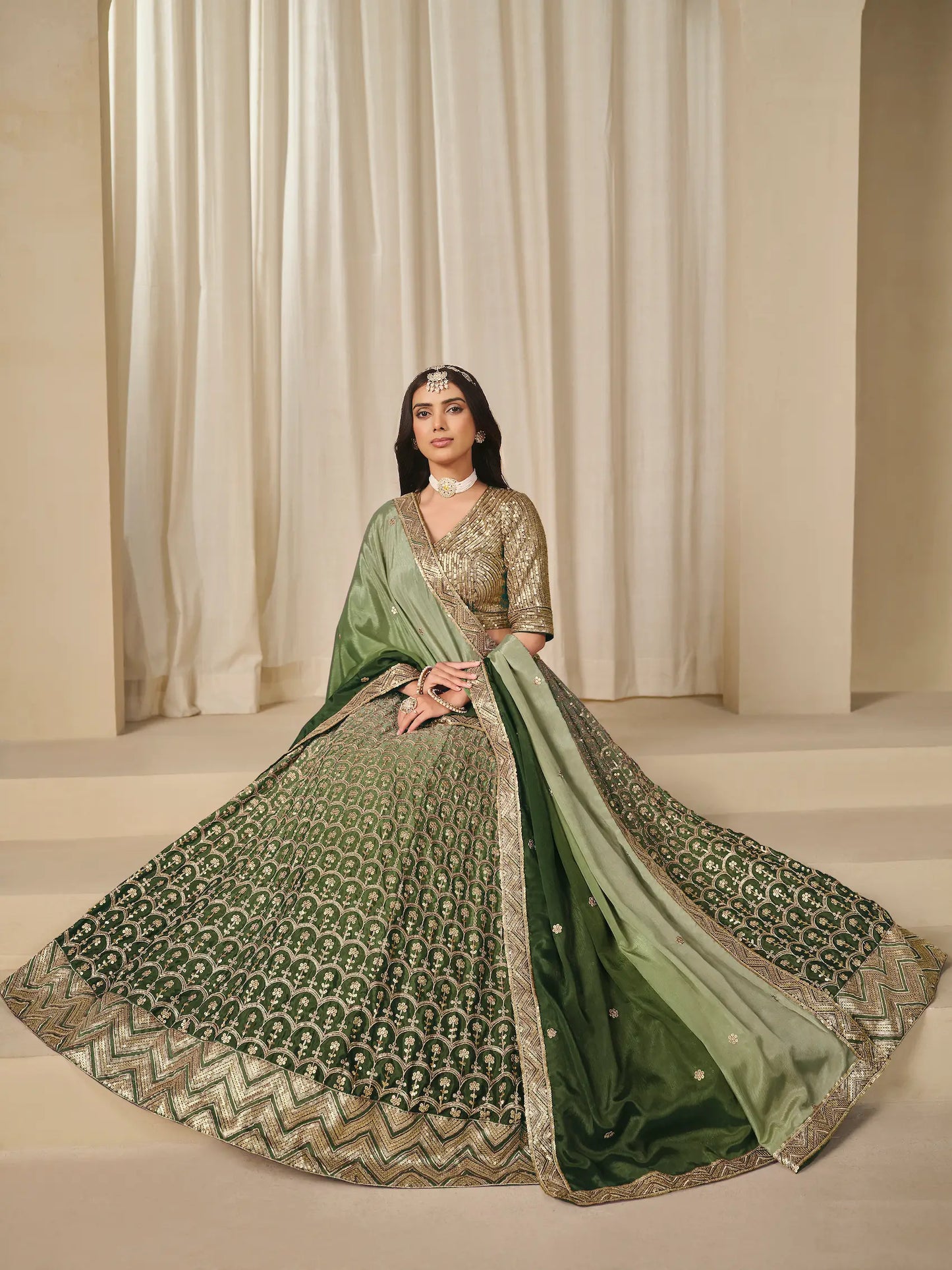 Shaded Green Chinon Silk Embroidery Work Lehenga Choli
