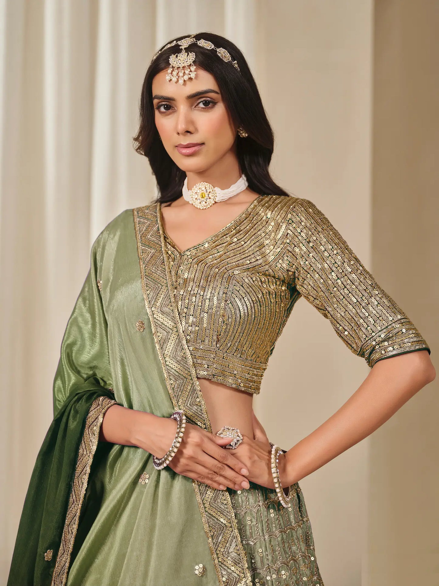 Shaded Green Chinon Silk Embroidery Work Lehenga Choli