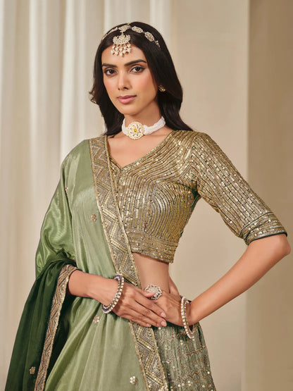 Shaded Green Chinon Silk Embroidery Work Lehenga Choli