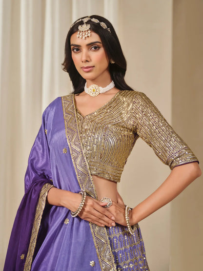 Shaded Purple Chinon Silk Embroidery Work Lehenga Choli